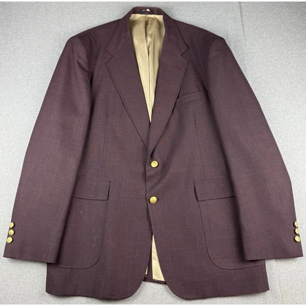 Vintage Ivy Crew Burgundy Wool Blend Blazer Sport Coat Brass Buttons 46L USA